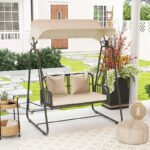 Hollywoodschaukel Rattan 2-Sitzer Gartenschaukel mit verstellbar, Sonnendach Kissen Hängebank, für Garten Balkon, Khaki - Image 7