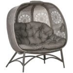 Garden Chair 2-Seater Papasan Chair with Foldable Basket and Cushion, Lounge Chair for Balcony and Patio, Steel in Sand, 126 x 75 x 142 cm