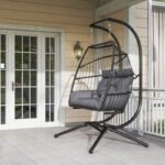 Hängesessel mit Gestell faltbar Hängekorb mit Kissen, Polyrattan, für 2 Personen, belastbar bis 260kg Sessel für Balkon Terrasse, Dunkelgrau - Image 8