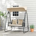 Hollywoodschaukel Rattan 2-Sitzer Gartenschaukel mit verstellbar, Sonnendach Kissen Hängebank, für Garten Balkon, Khaki - Image 6