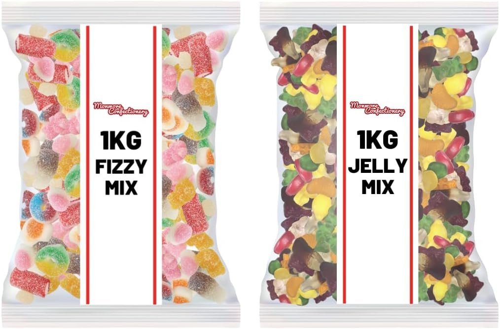 Monmore 2 kg Pick N Mix Süßigkeiten, 1 kg Fizzy Mix und 1 kg Jelly Mix