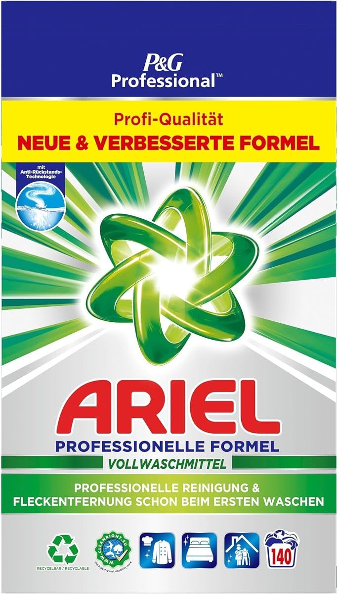 Ariel Professional Vollwaschmittel 10 kg, professionelle Formel gegen hartnäckige Flecken